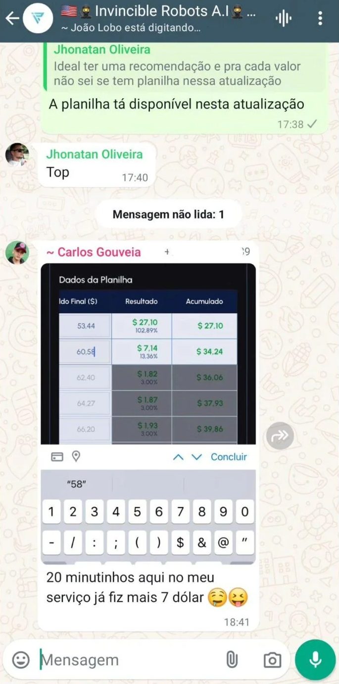 Membro comemorando lucro de 7 dólares em 20 minutos com o robô