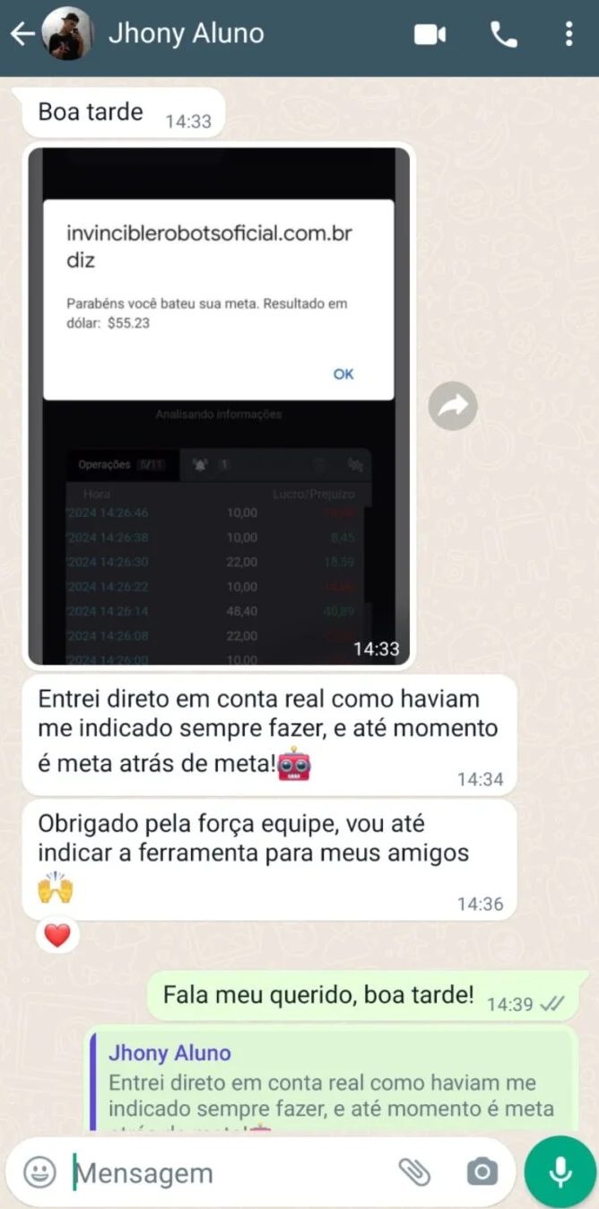 Membro relatando metas batidas em conta real