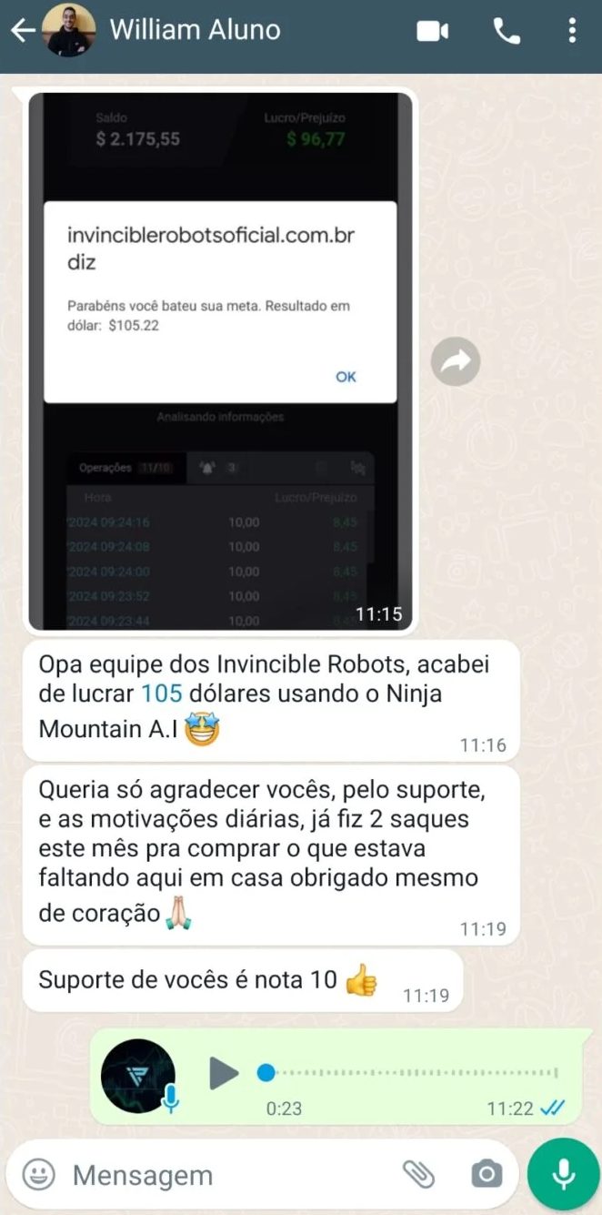 Membro agradecendo após lucrar 105 dólares com o Ninja Mountain A.I